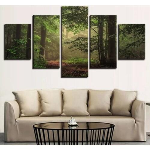 5 Pieces Green Forest Scenery Posters Modular Canvas Pictures Wall Art Printed Hd Paintings Frames Home Living Room Modern Decor