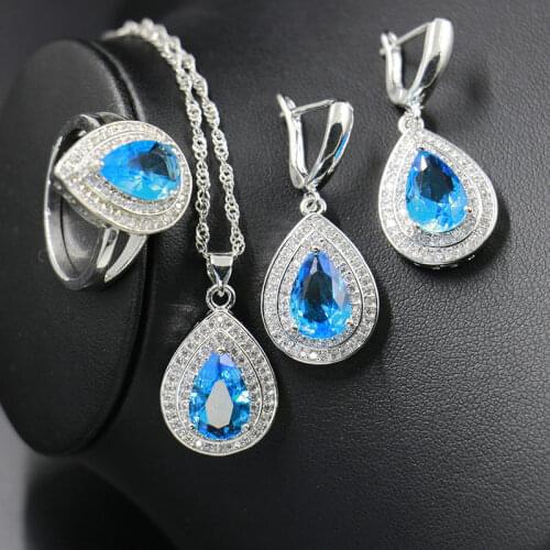 Shiny Cubic Zircon Water Drop Silver Color Jewelry Set Ring Necklace Earrings Set Shiny Bridal/Party/Birthday Jewelry