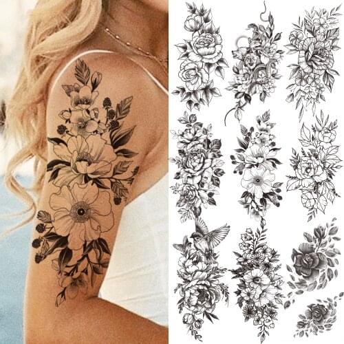 Flower Peony Temporary Tattoo For Women Girl Adult 3D Fake Bird Rose Tattoos Sticker Black Snake Water Transfer Tattoos Armband