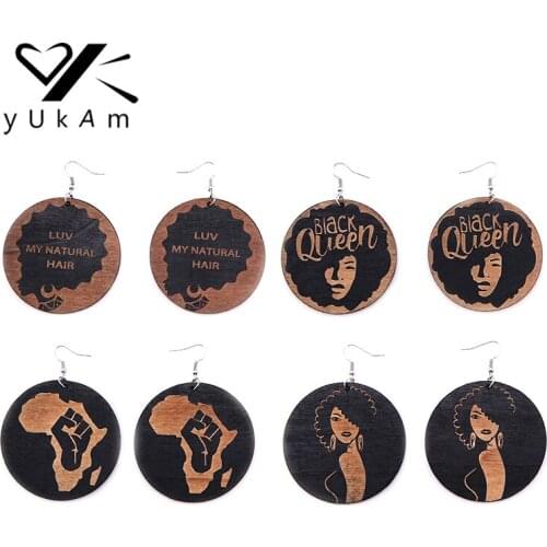 YUKAM Boho Ethnic Round African Map Printing Wooden Earrings Long Handmade Painting Carved Natural Wood Drop Earrings for Women
