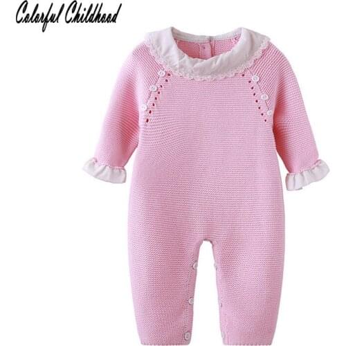 Autumn Spring New Baby Girls Romper Sweet Lace Ruffles Cuff O-neck Long Style Jumpsuit Toddler Girl Infant Warm Knitted Overalls