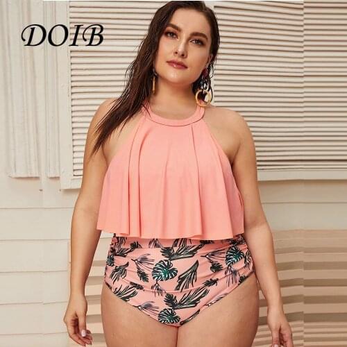DOIB Women Black Push Up Swimsuit Plus Size Halter Monokini Swimwear High Waist Bikini Set 2021 Two Pieces Beachwear