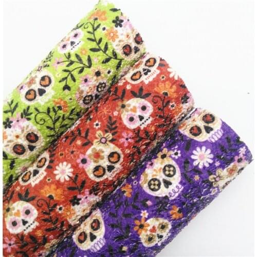 Halloween Skulls Flowers Printed Chunky Glitter Faux leather Fabric Sheets Felt Backing Glitter for DIY Bows Earrings 6S49