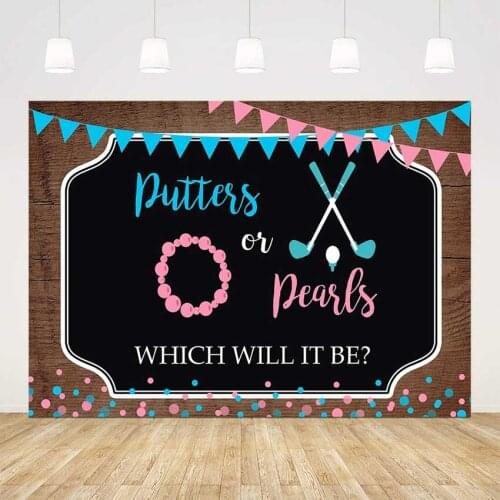Putters or pearls gender reveal backdrop rustic wood floor gender reveal background for photo studio bunting blur or pink