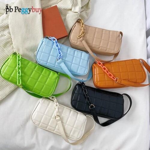 Fashion Women Plaid Pattern Pure Color PU Leather Shoulder Underarm Bag Casual Ladies Chain Small Purse Handbags