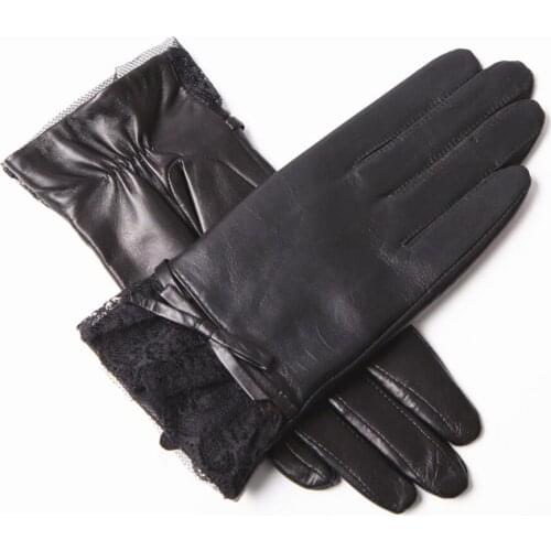 Fashion Women Autumn And Winter Leather Gloves Plus Velvet Warm Lace Edge Sheepskin Gloves EL072-5