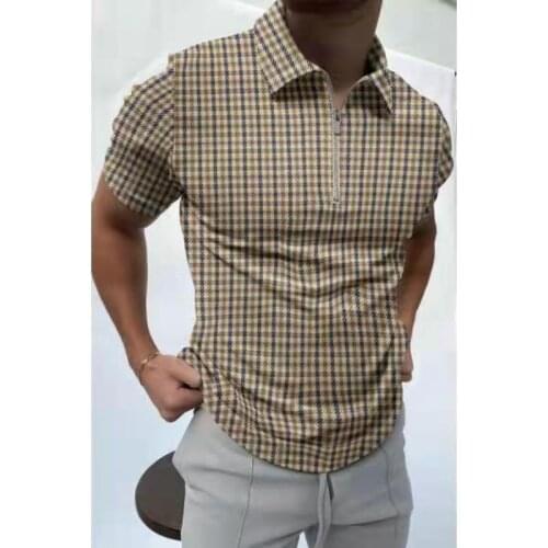PROWOW European and American Summer Brown Casual Slim-fit Plaid Lapel T-shirt Formal Shirt Short Sleeve Polo Shirt Mens