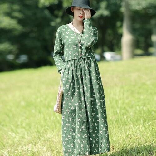 2021 New Arrival Fashion Print Floral Prairie Chic Spring Dress Cotton Linen Loose Long Dress Women Casual Party Dress FT621