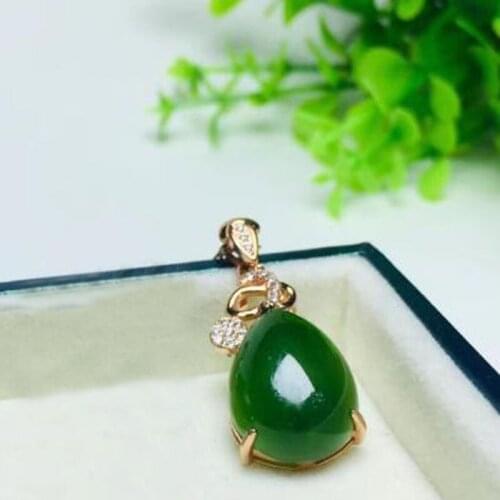 Natural Hetian Jasper Jade 925 Silver Inlaid Water Drop Pendant Necklace