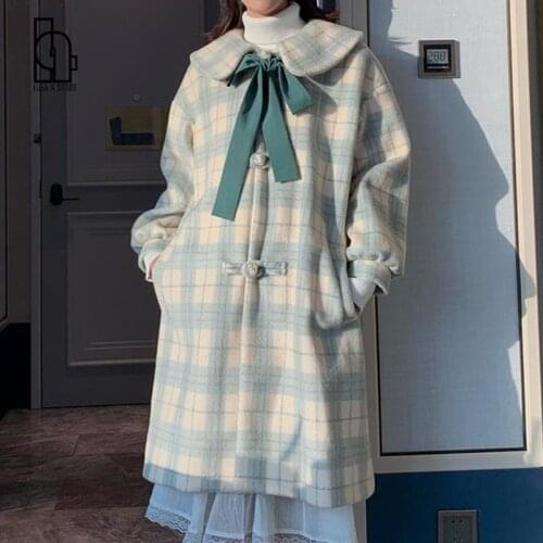 Plaid Women Bow Single Breasted Japanese Woolen Coats Chic Trendy Kawaii Harajuku Jackets Students Female Clothing