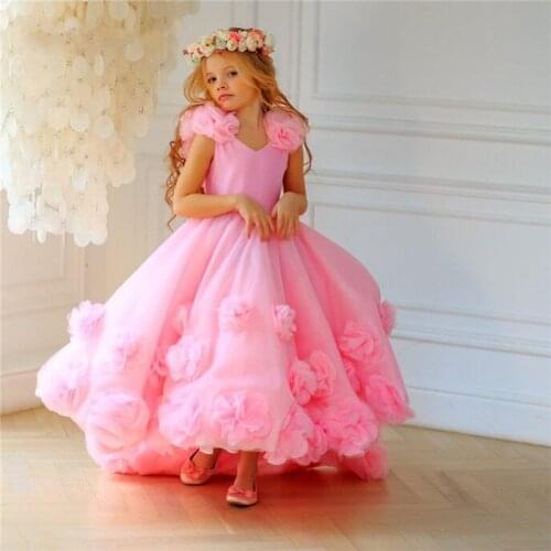 Puffy Pink Flower Girl Dresses Tulle 3D Flowers Ball Gown Girl Party Gown First Communion Dress New Size 1-14Years