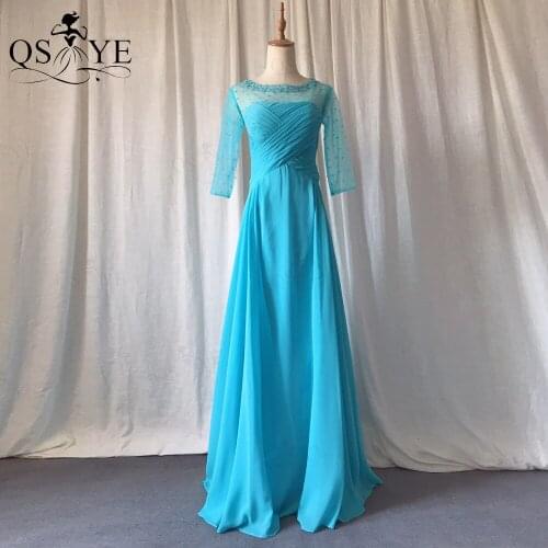 Sky Blue Prom Dress Long Sleeves Sequin Bead Evening Gown Ruched Crisscross Straight Chiffon Pleat Girl Blue Party Dress