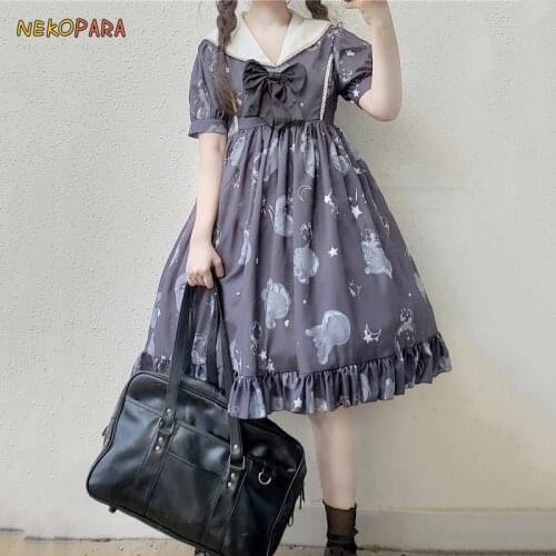 Glass Jellyfish Cute Womans Lolita OP Dress Short Sleeve Sailor Collar Summer Dress Nice Printing Sweet DarkGrey