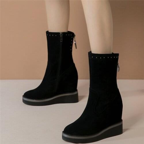 Rivets Pumps Shoes Women Genuine Leather Wedges High Heel Ankle Boots Female High Top Round Toe Fashion Sneakers Casual Shoes