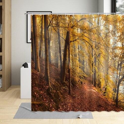 Autumn Forest Scenery Shower Curtain Trees Rural Idyllic View Bathroom Decor Birch Tree Curtains Waterproof Polyester With Hooks