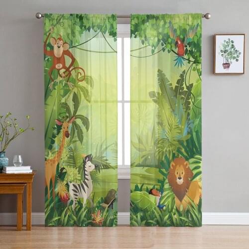Tropical Jungle Cartoon Animal Lion Tulle Curtain Voile Transparent Tulle for Bedroom Living Room Kitchen Sheer Window Curtains