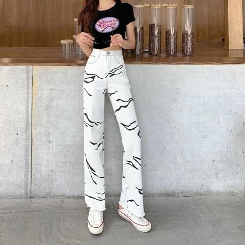 Commuter INS Personality Wild Wide-Leg Casual Female Trousers With Raw Edges Zebra Pattern Design Sense Large Size Jeans Summer