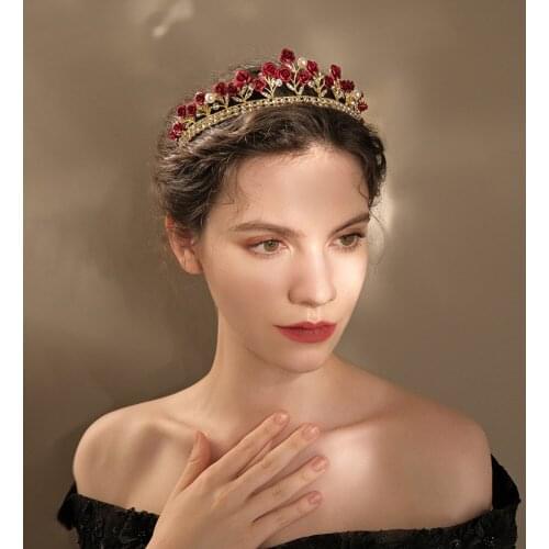 Luxury Tiaras and Crowns Red Rose Flower Headbands for Women Girls Bride Wedding Hair Jewelry Baroque Headpieces Headwear