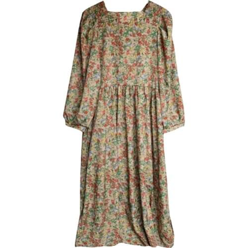 PERHAPS U Women Vintage Square Collar Floral Print Lantern Sleeve Long Sleeve Black Khaki A-line Midi Dress Spring Summer D2385