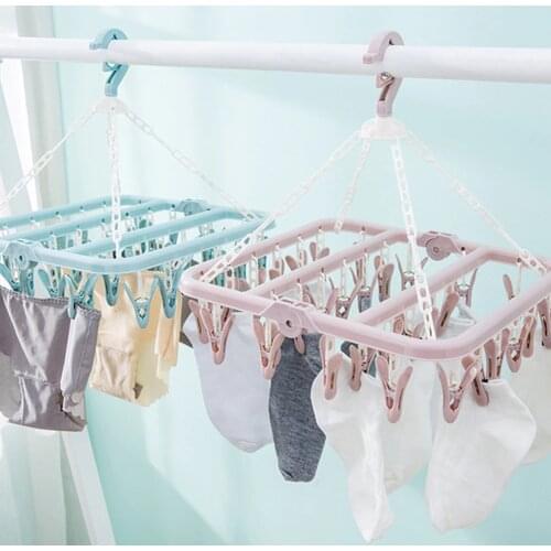 32 Clips Foldable Clothes Drying Rack Windproof Laundry Dryer Laundry Hanger Sock Holder Clothespin Socks Underwear Home Hangers