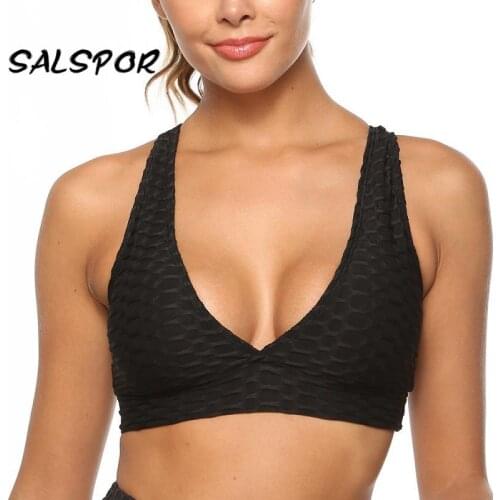 SALSPOR Sexy Gym Tank Tops Women Crop Top Push Up Bras Fitness Bra Seamless Deep V-neck Workout Underwear Womens clothing Black