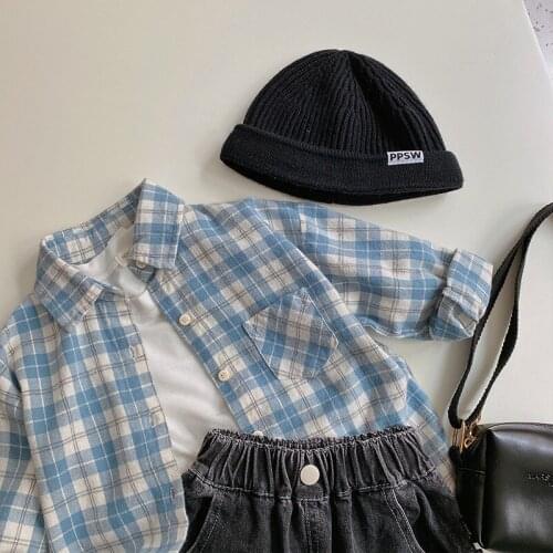 Childrens shirt 2021 autumn Korean new childrens wear blue lattice casual shirt for boys and girls