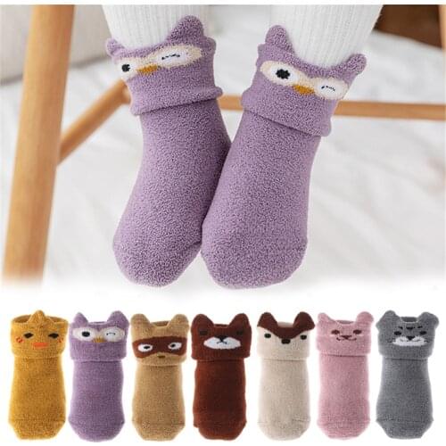 Baby Soft Anti-slip Socks Cute Cartoons Silicone Coral Fleece Floor Sox Newborn Toddler Winter Warm Elastic Socks For 0-2 years