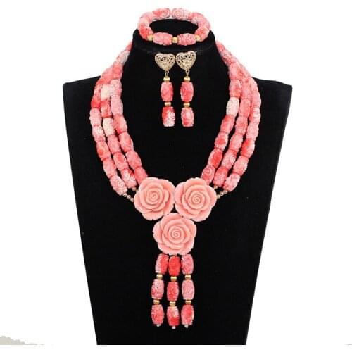 Elegant Pink Coral Wedding Jewelry Set for Women Nigerian African Coral Bridal Statement Pendant Necklace Set Rose Flower CNR045