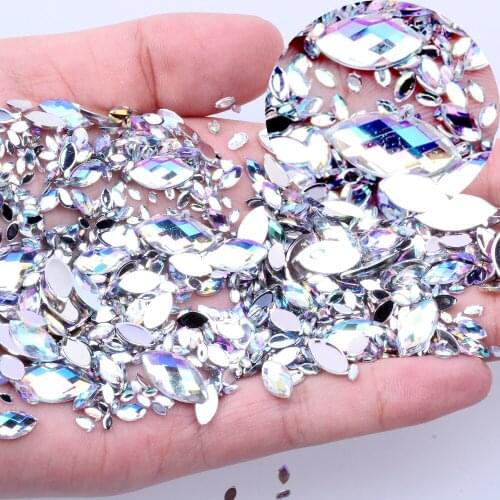 Eye Shape 7G 600PCS 7 Sizes Acrylic Crystal AB Flat Back Nail Rhinestone 3D Non HotFix DIY Clothes Crafts