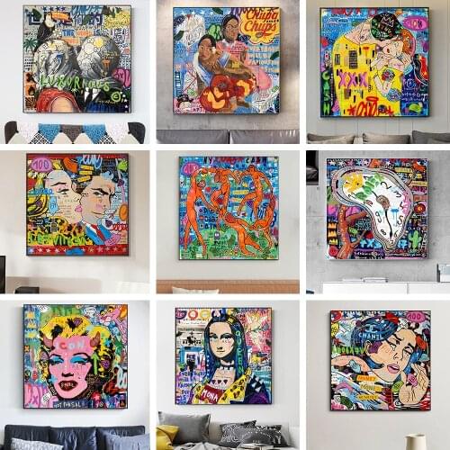 Graffiti Lover Clocks Mona Lisa Street Art Canvas Print Painting Abstract Figure Wall Picture Living Room Home Decoration Poster