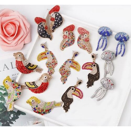 JURAN 2019 Trendy Bird Jellyfish Colorful Crystal Statement Earrings ZA Handmade Rhinestone Dangle Drop Earrings Wedding Jewelry