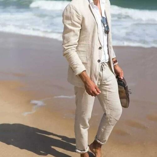 Summer Beach Beige Linen Men Suits Prom Party Costume Homme Man Blazer Slim Fit Terno Masculino 2Piece Coat Pants Groomsmen Suit