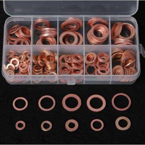 200Pcs Copper Washers Gasket Set 9 Sizes Flat Ring Seal Kit With Plastic Box