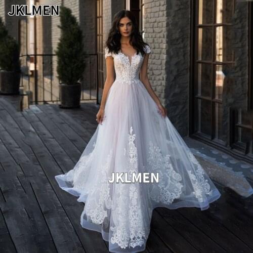 New Arrival V-Neck Cap Sleeve Beads Appliques Lace A Line Wedding Dresses 2021 Tulle Boho Bridal Gown Vestido De Noiva