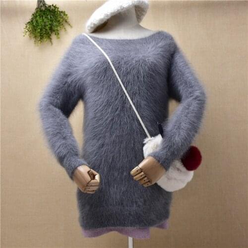 Female women pull autumn winter hairy plush mink cashmere knitted long sleeves slim blouses pullover angora fur sweater jumper