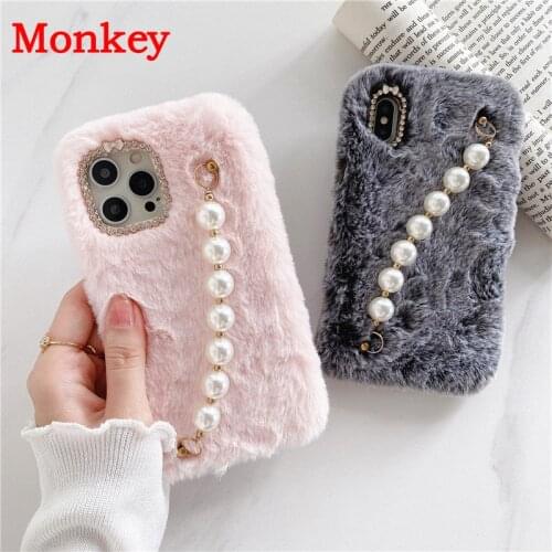 Luxury Glitter Plush Wrist Strap Pearl Bracelet Soft Cases For Samsung Galaxy A10 A20S A30S A01 A11 A31 S10 S9 S8 S7 Note 10 9 8
