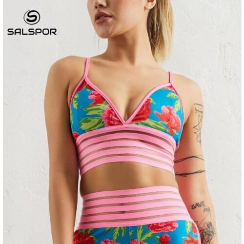 SALSPOR Sexy V-Neck Bra Women Fitness Workout Breathable Underwear Gym Push Up Rose Printed Bras Seamless Wire Free Top Women