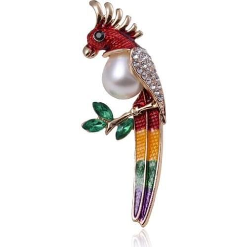 Cute Enamel Colorful Parrot Brooches For Women Leaf Fashion Design Animal Rhinestone Brooch Pin Pearl Brooches Girls Gift
