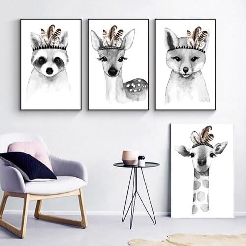 Nordic Black White Feather Animal Poster Giraffe Elk Nursery Wall Art Print Picture Canvas Paintings Baby Bedroom Decoration