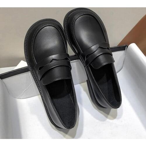 Spring Autumn Women Oxford Shoes Flat on Platform Casual Shoes Black Round Head Retro Leather Shoes Zapatos Mujer Footwear