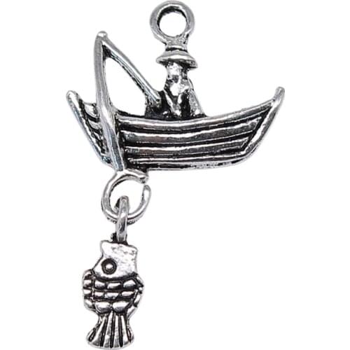 WYSIWYG 5pcs 29x18mm Fishing Boat With Fish Charms For Jewelry Making Antique Silver Color Charms