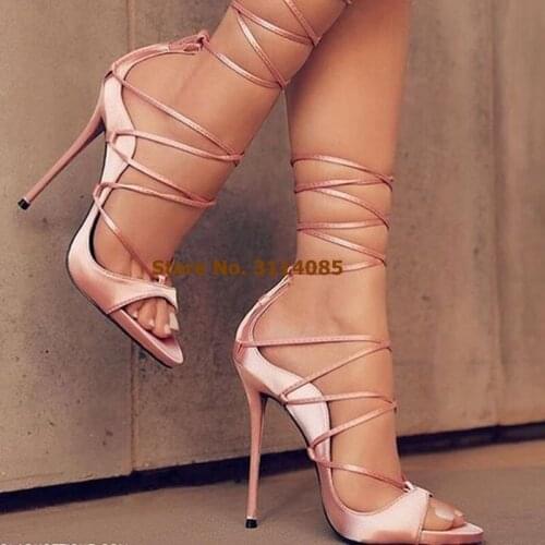 Women Pink Satin Cloth Lace-up Sandals High Heels Gold Silver Snakeskin Sexy Dress Shoes Vogue Summer Pumps Cross Strappy Heels