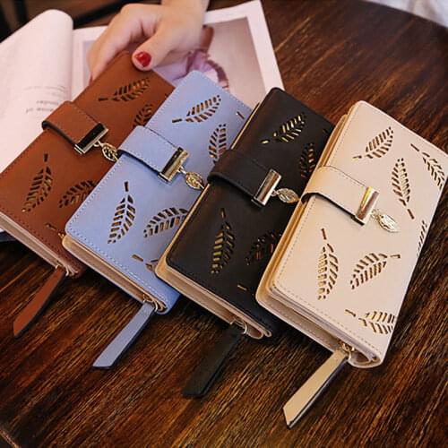 Lady PU Leaf Wallet Long Phone Case Purse Handbag Double Zipper Wristband Long Clutch Wallets Large Capacity Card Holder