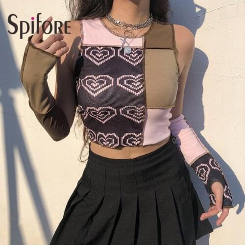 Spifore Sexy Patchwork Cropped Off Shoulder Printting Streetwear Women Tops With Gloves Fashion Heart Knit Tank Top Female