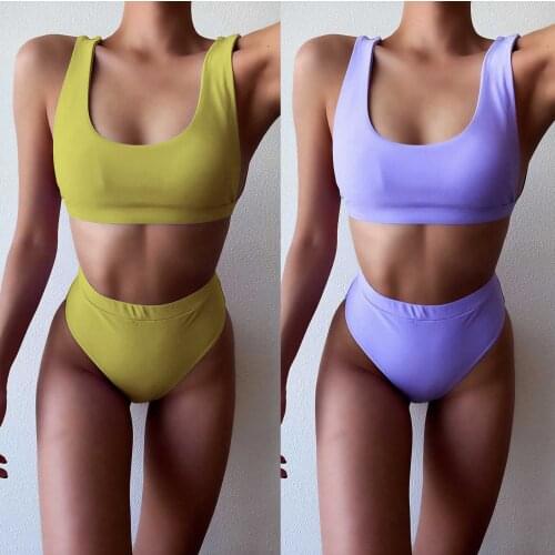 2021 Summer Bikini Women Solid Bikini Set Push Up Swimsuit Beachwear Padded Swimwear High Waist Split Bathing Bikini biquini