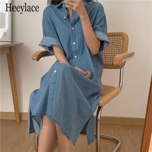 New 2021 Women Summer Autunm Dress Elegant Oversize Casual High Waist Solid Vintage Single Breasted Fashion Long Shirt Dresses