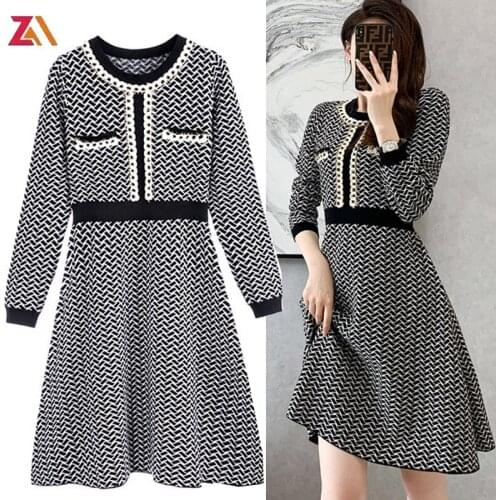 ZALady Korean chic fashion knitting midi a-line dress elegant vintage Geometric long sleeve traf autumn women dresses clothes