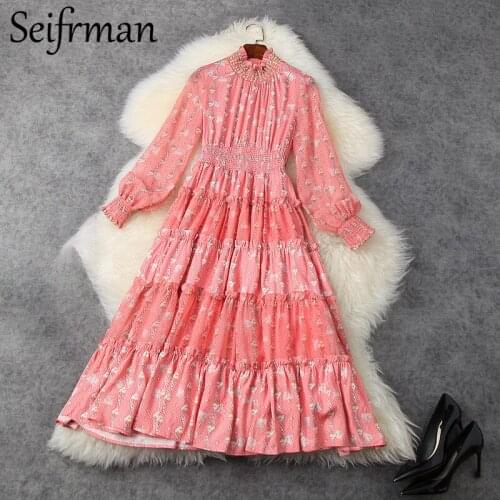 Seifrmann New 2021 Women Spring Fashion Designer Party Midi Dress Beading Sequined Ruffles High Waist Ladies Print A-Line Dress