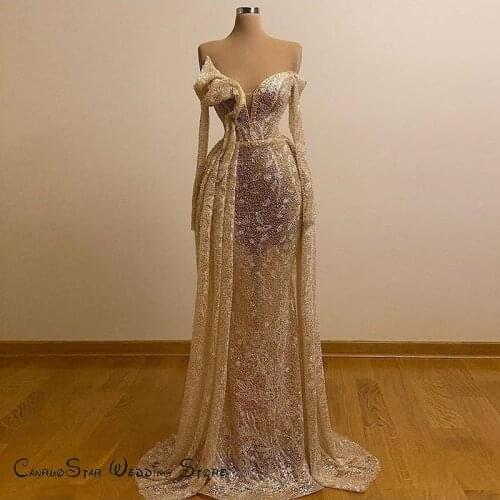 Beige Off Shoulder Mermaid Evening Dresses 2020 Long Sleeve Women Beaded Sequins Lace Prom Dress Party Gowns Zipper Back vestido