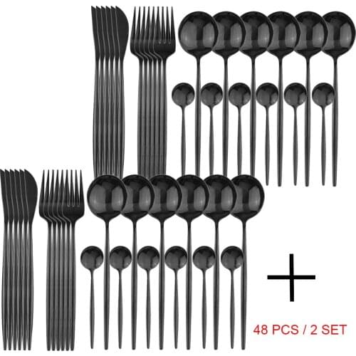 48Pcs/2Set Dinnerware Sets Knives Forks Spoons Set Stainless Steel Cutlery Sets Kitchen Flatware Hotal Mirror Black Tableware